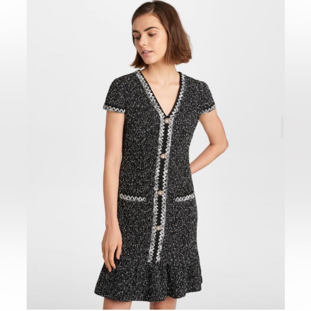 Karl Lagerfeld Black & White Tweed V-Neck Short Sleeve Dress